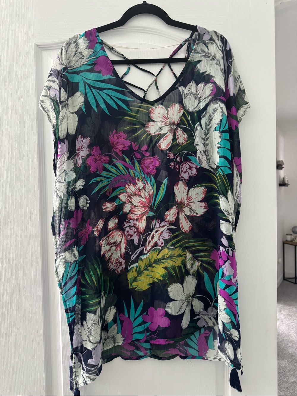 Women's Black Tropical Floral Swim Cover-Up Tunic